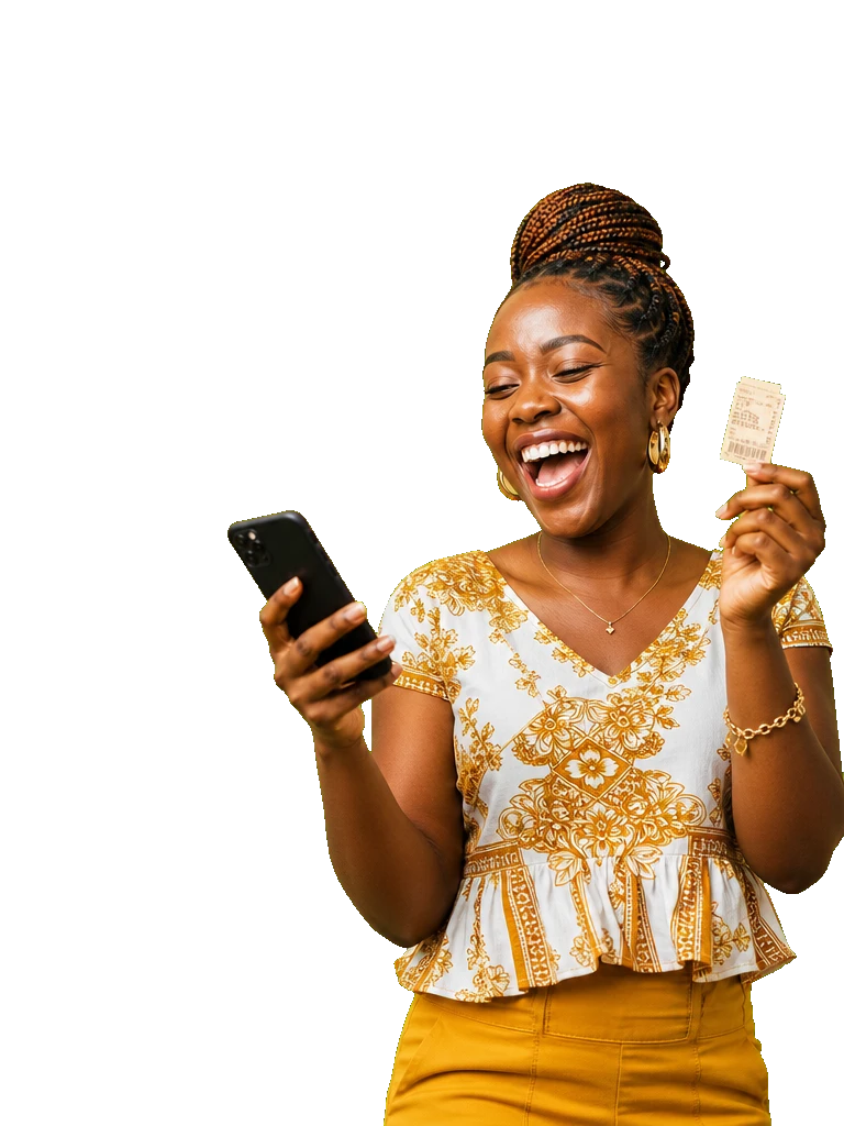 A happy community member holding her phone and winning ticket